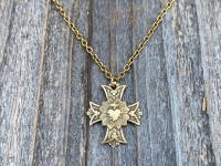 Antique Gold Sacred Heart Cross Pendant and Necklace, Antique Replica, Sacred Heart of Jesus, Bestseller, Devotion to His Sacred Heart