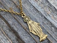 Antique Gold Figural Mary Miraculous Medal (Antique Replica) Pendant Necklace, Blessed Virgin Mary, Our Lady of Lourdes, Our Lady of Grace