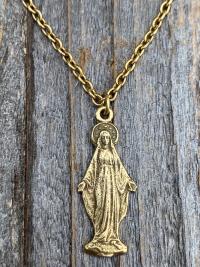 Antique Gold Figural Mary Miraculous Medal (Antique Replica) Pendant Necklace, Blessed Virgin Mary, Our Lady of Lourdes, Our Lady of Grace