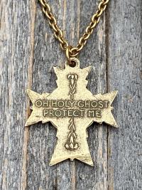 Antique Gold Holy Spirit Cross Pendant, Antique Replica, Chain Necklace, Oh Holy Ghost Protect Me, Holy Spirit Dove in center of cross