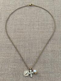 Gold Miraculous Medal Charm Cluster Pendant Necklace, Antique Replica, Dangling Cross, White Freshwater Pearl, Boho Miraculous Necklace MM3