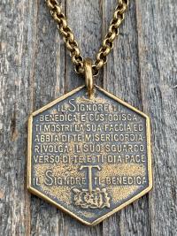 Large Bronze Saint Francis of Assisi Blessing Prayer Medal, Italian Antique Replica, Pendant Necklace, Hexagon-Shaped Big Medal from Italy