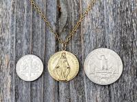 Gold 3/4" Round Miraculous Medal Pendant Necklace, Antique Replica, O Mary Conceived Without Sin Pray for Us Who Have Recourse to Thee, MM2