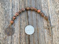 Small Chaplet of St Saint Peregrine, Bronze Antique Replica Medal & Crucifix, Leopardskin Jasper Gemstones, Patron Saint of Cancer Patients