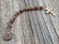 Small Chaplet of St Saint Peregrine, Bronze Antique Replica Medal & Crucifix, Leopardskin Jasper Gemstones, Patron Saint of Cancer Patients