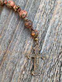 Small Chaplet of St Saint Peregrine, Bronze Antique Replica Medal & Crucifix, Leopardskin Jasper Gemstones, Patron Saint of Cancer Patients