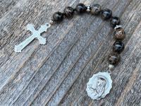 Chaplet of St Saint Peregrine, Sterling Silver Antique Replica Medal and Crucifix, Fossil Coral Gemstones, Patron Saint of Cancer Patients