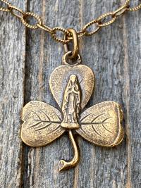 Bronze Mary Shamrock Pendant (Antique Replica from Lourdes France) Medal on Necklace, Our Lady of Lourdes on a Shamrock Pendant, Irish Gift