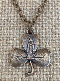 Bronze Mary Shamrock Pendant (Antique Replica from Lourdes France) Medal on Necklace, Our Lady of Lourdes on a Shamrock Pendant, Irish Gift