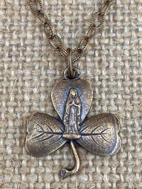 Bronze Mary Shamrock Pendant (Antique Replica from Lourdes France) Medal on Necklace, Our Lady of Lourdes on a Shamrock Pendant, Irish Gift