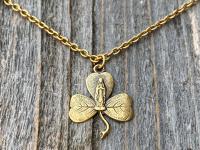 Antique Gold Mary Shamrock Pendant (Antique Replica from Lourdes France) Medal Necklace, Our Lady of Lourdes on Shamrock Pendant, Irish Gift