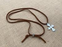 Oxidized Sterling Silver Coptic Cross Pendant on Brown Suede Lace Necklace, Adjustable Length, Slider Bead, Ethiopian Antique Replica Cross