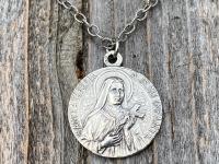 Sterling Silver Rare St Thérèse of Lisieux Medal Necklace, French Antique Replica Sancta Teresia St Theresa of the Child Jesus Little Flower