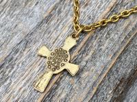 Antique Gold Miraculous Medal Cross Pendant Necklace, Antique Replica, Our Lady of Miracles, Our Lady of the Miracle, Blessed Virgin Mary