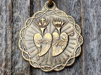 Antique Gold Sacred Heart of Jesus and Immaculate Heart of Mary Medal Pendant Necklace, Antique Replica, Twin Hearts Pendant, Catholic Medal