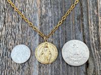 Gold Round Miraculous Medal Pendant, Antique Replica, On Heavier Textured Cable Chain Necklace, Immaculate Blessed Virgin Mary Pendant, MM2