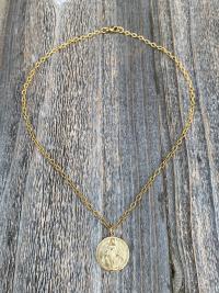 Gold Round Miraculous Medal Pendant, Antique Replica, On Heavier Textured Cable Chain Necklace, Immaculate Blessed Virgin Mary Pendant, MM2