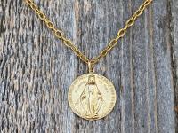 Gold Round Miraculous Medal Pendant, Antique Replica, On Heavier Textured Cable Chain Necklace, Immaculate Blessed Virgin Mary Pendant, MM2