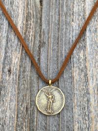 Antique Gold St Michael Latin Medal and Necklace, French Antique Replica, Saint Michael the Archangel, St Michel, Protection against Satan