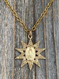 Gold Sun Shaped Miraculous Medal Pendant on Necklace, Art Nouveau Antique Replica, Our Lady of Miracles, Our Lady of the Miracle Necklace