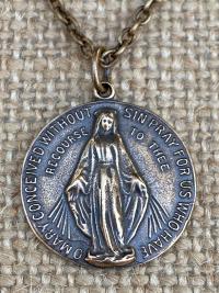 Bronze Miraculous Medal Pendant and Necklace, Antique Replica, Round Miraculous Medal, Our Lady of the Miracle, Blessed Virgin Mary. MM2