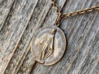 Bronze Miraculous Medal Pendant and Necklace, Antique Replica, Round Miraculous Medal, Our Lady of the Miracle, Blessed Virgin Mary. MM2