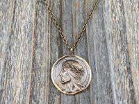 Bronze Crowned Jesus Medal and Necklace, French Antique Replica, Artists Augis and Mazzoni, Rare Jesus Pendant, Jesus Christ Crowned King