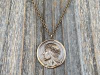 Bronze Crowned Jesus Medal and Necklace, French Antique Replica, Artists Augis and Mazzoni, Rare Jesus Pendant, Jesus Christ Crowned King