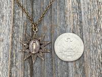 Bronze Sun Shaped Miraculous Medal Pendant Necklace, Antique Replica, Art Nouveau Miraculous Medal, Our Lady of Miracles Blessed Virgin Mary