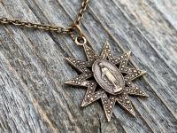 Bronze Sun Shaped Miraculous Medal Pendant Necklace, Antique Replica, Art Nouveau Miraculous Medal, Our Lady of Miracles Blessed Virgin Mary