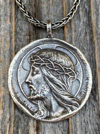 Sterling Silver Crowned Jesus Medal Pendant Necklace, French Antique Replica, Artists Augis and Mazzoni, Jesus Christ Pendant from France