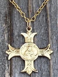 Gold Sacred Heart of Jesus Cross Medal Pendant Necklace, French Antique Replica, IHS Sacre Coeur de Jesus, Apostolat du Coeur de Jesus,