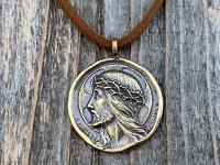 Antique Gold Crowned Jesus Medal Pendant, Brown Suede Lace Necklace, French Antique Replica, Artists Augis and Mazzoni, Rare French Medal