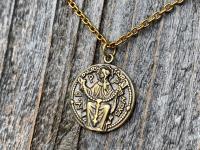 Antique Gold Notre Dame du Rosaire Medal, Our Lady of the Rosary Pendant Necklace, French Antique Replica, Blessed Virgin Mary Rare Pendant