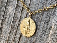 Gold Round Miraculous Medal Pendant, Antique Replica, On Heavier Textured Cable Chain Necklace, Immaculate Blessed Virgin Mary Pendant, MM2