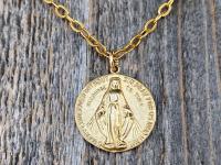 Gold Round Miraculous Medal Pendant, Antique Replica, On Heavier Textured Cable Chain Necklace, Immaculate Blessed Virgin Mary Pendant, MM2