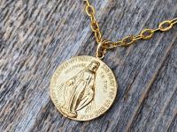 Gold Round Miraculous Medal Pendant, Antique Replica, On Heavier Textured Cable Chain Necklace, Immaculate Blessed Virgin Mary Pendant, MM2