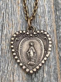 Bronze Miraculous Medal Pendant Necklace, Heart Shaped Miraculous Medal, Antique Replica, Rare Medal minted 1930 Centennial, Virgin Mary M4