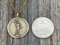 Antique Gold St Michael Latin Medal and Necklace, French Antique Replica, Saint Michael the Archangel, St Michel, Protection against Satan