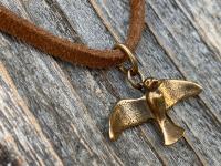 Bronze Holy Spirit Flying Dove Pendant on Suede Lace Leather, Antique Replica, Adjustable Bronze Slider Bead, Adjustable Length Necklace