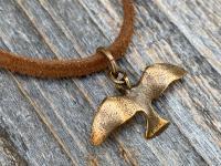 Bronze Holy Spirit Flying Dove Pendant on Suede Lace Leather, Antique Replica, Adjustable Bronze Slider Bead, Adjustable Length Necklace