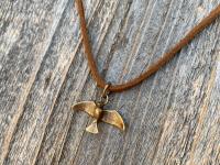 Bronze Holy Spirit Flying Dove Pendant on Suede Lace Leather, Antique Replica, Adjustable Bronze Slider Bead, Adjustable Length Necklace