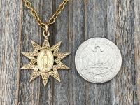 Gold Sun Shaped Miraculous Medal Pendant on Necklace, Art Nouveau Antique Replica, Our Lady of Miracles, Our Lady of the Miracle Necklace