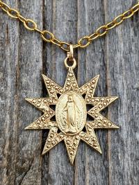 Gold Sun Shaped Miraculous Medal Pendant on Necklace, Art Nouveau Antique Replica, Our Lady of Miracles, Our Lady of the Miracle Necklace