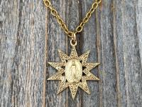 Gold Sun Shaped Miraculous Medal Pendant on Necklace, Art Nouveau Antique Replica, Our Lady of Miracles, Our Lady of the Miracle Necklace