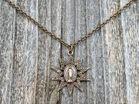 Bronze Sun Shaped Miraculous Medal Pendant Necklace, Antique Replica, Art Nouveau Miraculous Medal, Our Lady of Miracles Blessed Virgin Mary