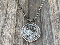 Sterling Silver Crowned Jesus Medal Pendant Necklace, French Antique Replica, Artists Augis and Mazzoni, Jesus Christ Pendant from France