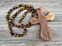 Large Walnut Palm Cross and Yellow Tigereye Gemstone Rosary,  Hand-carved byRon PalmCross Crucifix, Big Comfort Cross Rosary, Couples Rosary