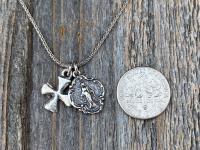 Sterling Silver Miraculous Medal & Cross Charm Cluster Necklace, Catholic Cluster Necklace, Religious Charm Necklace, Boho Chic Cross, MM3