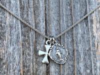 Sterling Silver Miraculous Medal & Cross Charm Cluster Necklace, Catholic Cluster Necklace, Religious Charm Necklace, Boho Chic Cross, MM3